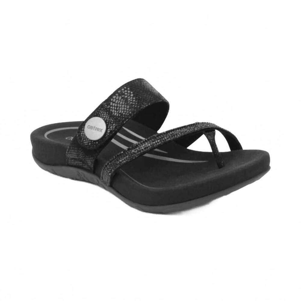 NEW AETREX women's izzy adjustable slide sandal in black sparkle
